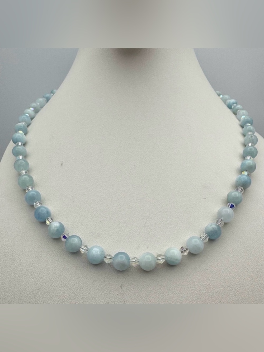 Elegant New Aquamarine Beaded Necklace with Crystal Accents Silver Toggle